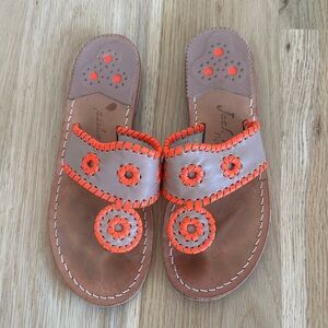 Jack Rogers Brown Leather Sandals with Neon Orange Detailing